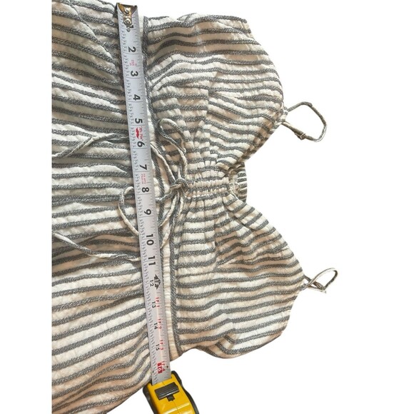 American Eagle Gray White Striped Rouched Bow Deep V-neck Textured Romper XL - Picture 12 of 15